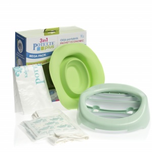 Potette Plus, Pachet Oliță portabilă, liner, 10 pungi biodegradabile, 700g, 14 luni+, vernil