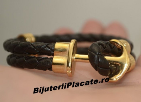 Bratara Piele si Inox -NAUTIC SKULL GOLD- cod B939