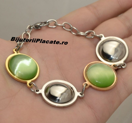Bratara Auriu si Argintiu cu piatra verde BF924A