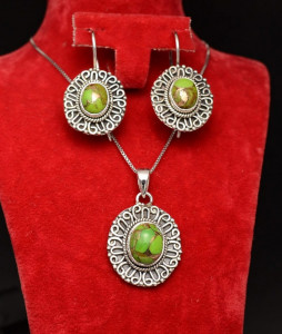 Set Argint 925 Lant,Pandativ si Cercei Handmade Cu Turcoaz Cupru Verde-- SET357B