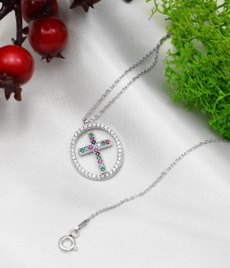 Lantisor Din Argint 925 Model Oval si Cruciulita Multicolor Arg22E