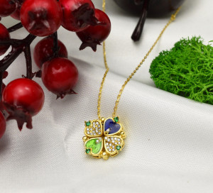 Lantisor Argint Trifoi Se Deschide in 4 Inimioare magnetic -Four Leaf-- Pentru Femei Placat aur MulticolorARG134E