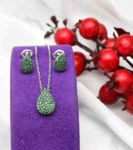 Set Din Argint 925 Cercei si Pandantiv Model Lacrima Verde Set138G