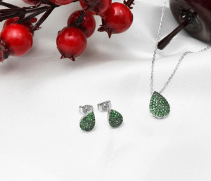 Set Din Argint 925 Cercei si Pandantiv Model Lacrima Verde Set138G