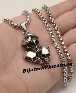 LANT CU PANDANTIV INOX -TRIPLE SKULL- PATINAT ARTIFICIAL LC109