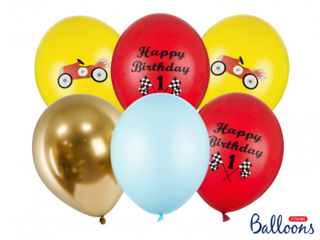 Baloane aniversari Happy Birthday curse de masini 30 cm , 6 buc / set