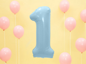 balon mare din folie cu numarul 1 bleu si baloane roz umflate cu heliu
