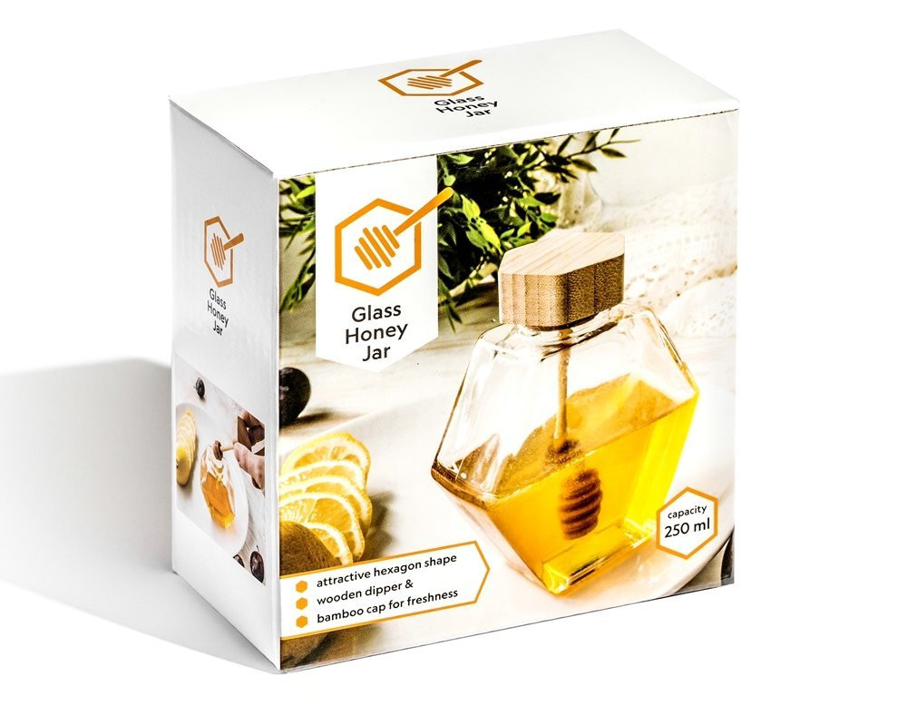 Borcan pentru miere hexagon cu bagheta de lemn dispenser pentru miere