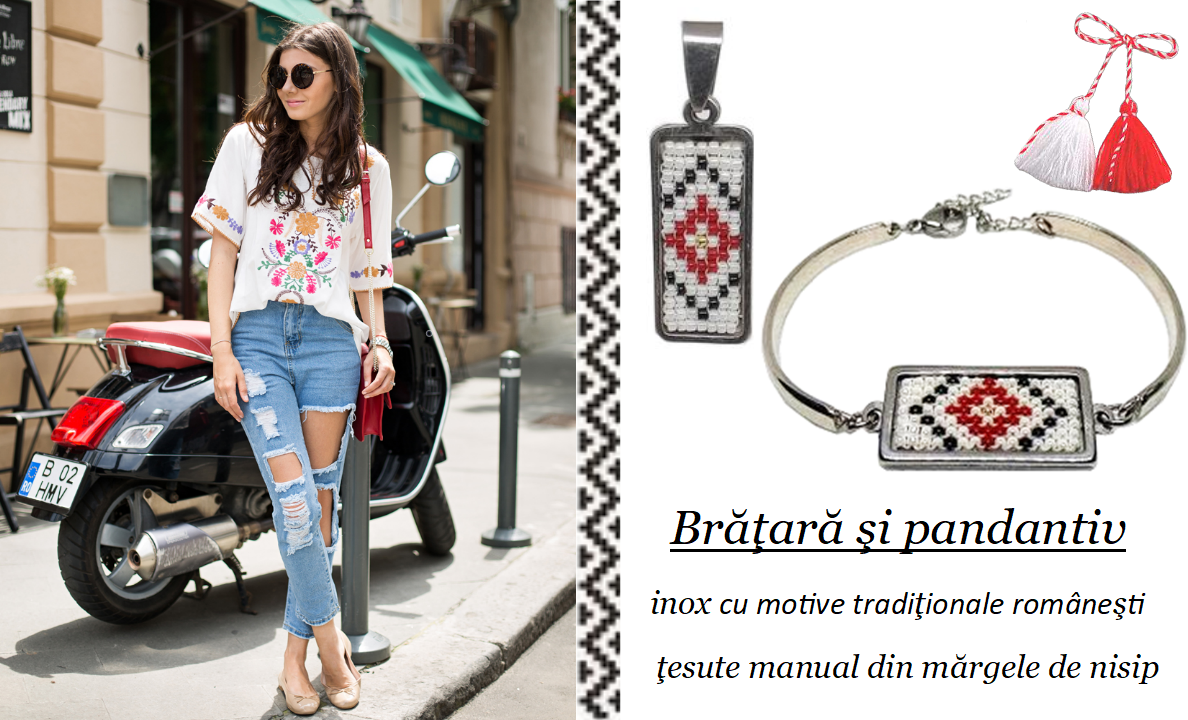 Bratara martisor din inox cu insertie margele cusute manual - motiv rosu si negru