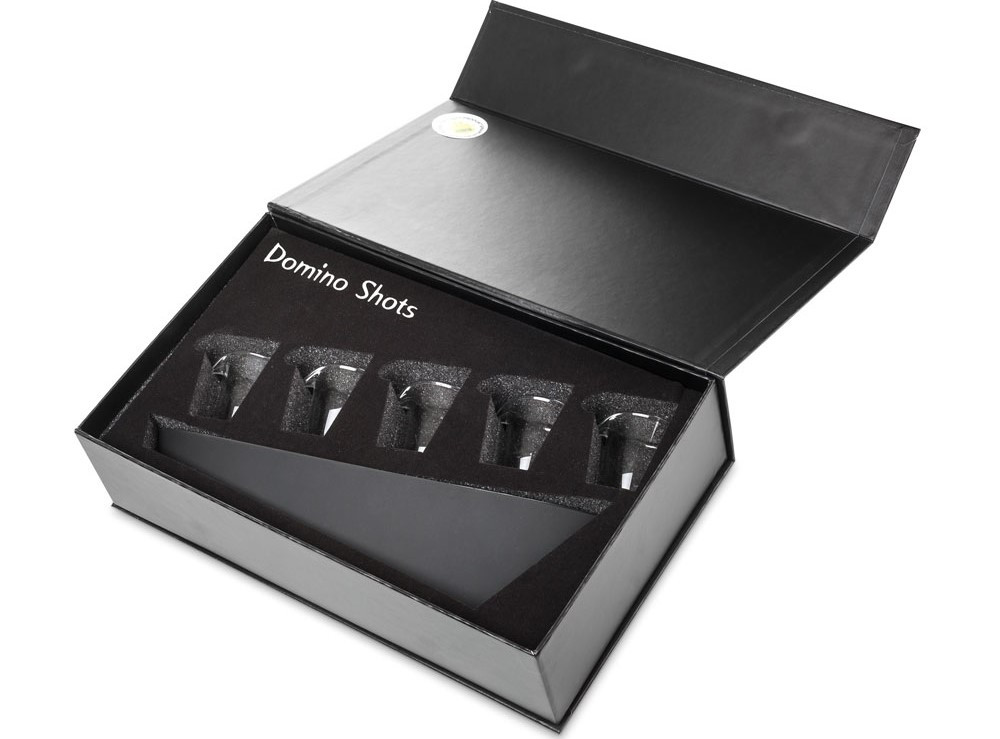 Domino Shots Deluxe - Set de 5 pahare shot pe suport in cascada cu lumini LED