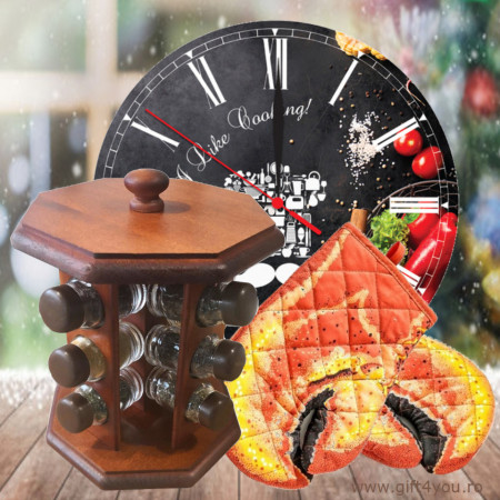 Cadou pentru barbatul care gateste - Stand condimente + Ceas I Like Cooking + Manusi Homar