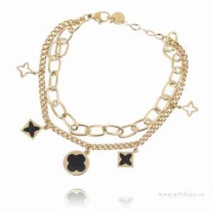 Bratara placata cu aur de 14K - model lantisor dublu cu charm-uri negre trifoi cu patru foi, stea