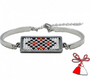 Bratara inox cu margele cusute manual - motiv traditional romburi ingemanate rosu alb negru