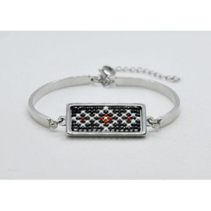 Bratara inox cu margele cusute manual - motiv traditional negru si rosu