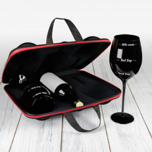 Cutie de vin Elegance cu 2 pahare negre gigant Who Cares