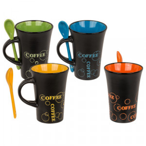 Incalzitor + Cana neagra de cafea cu lingurita ceramica