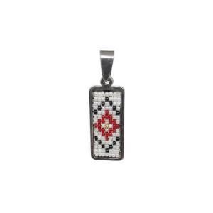 Pandantiv din inox cu margele tesute manual - motiv traditional romburi rosu alb negru