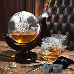 Decantor Glob Pamantesc cu 2 pahare de whisky si pietre pentru racire bauturi