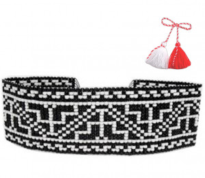 Bratara-martisor lata tesuta manual din margele foarte marunte Dar cu dor - motiv traditional negru cu alb