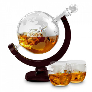 Decantor Glob Pamantesc cu 2 pahare de whisky si pietre pentru racire bauturi