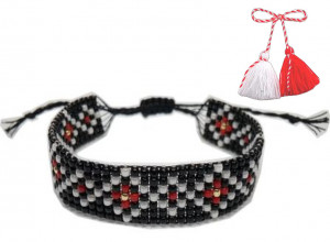 Bratara din margele tesute manual - motiv traditional romburi inlantuite negru si rosu