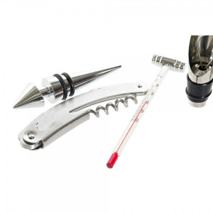 Cutie de vin tip caseta metalica cu 5 Accesorii pentru servirea vinului