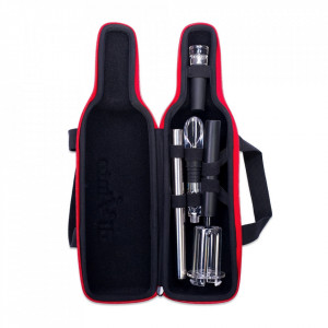 Set de servire vin in carcasa Elegance - racitor, tirbuson cu presiune de aer, antipicurator, dop de vid
