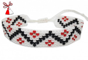 Bratara din margele tesute manual Dar cu dor - motiv traditional zig zag rosu si negru