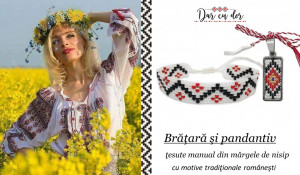 Bratara din margele tesute manual - motiv traditional zig zag rosu si negru