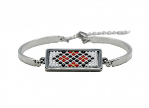Bratara inox cu margele cusute manual Dar cu dor - motiv traditional romburi ingemanate rosu alb negru