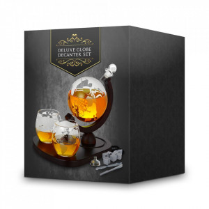 Set complet whisky Decantor Deluxe Glob Pamantesc si doua pahare, cu tavita de servire