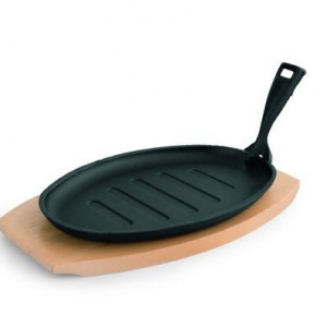 Tigaie grill din fonta cu suport din lemn -oval