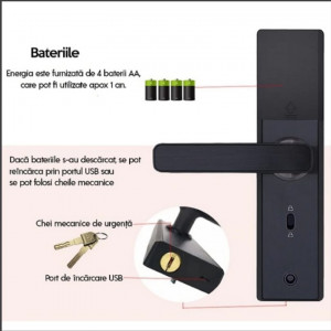 Yală-18cm Încuietoare inteligentă Dittom, Control și monitorizare prin aplicație TTLOCK,, Cititor amprentă, Panou Touch iluminat, Alarmă , Sonerie, NFC, Card magnetic, Parolă