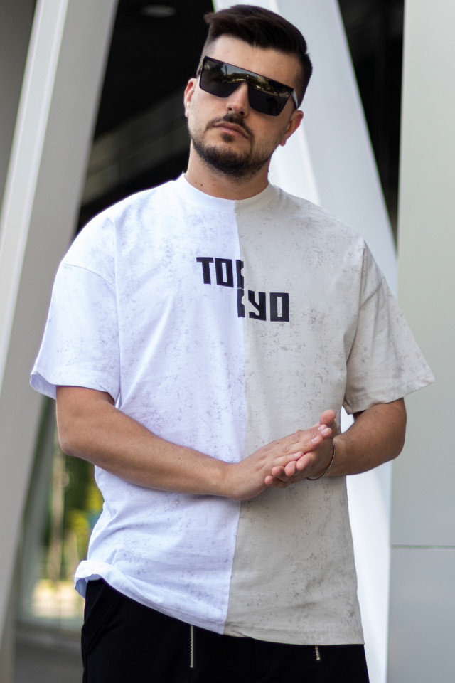 Tricou Oversized Tokyo Alb Gri