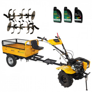 Pachet motocultor Campo 803, benzina, 7.5CP, 2+1 trepte, 2+1+1 freze, plug bilonat, remorca 500kg, ulei motor si transmisie incluse