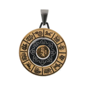 Medalion, amuleta rotativa 8 simboluri tibetane, 12 zodii si silaba HRIH