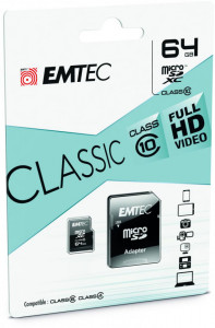 MicroSDXC Emtec, 64GB, Clasa 10 UHS-I, R/W 20/12 MB/s, include adaptor SD, (pentru telefon)