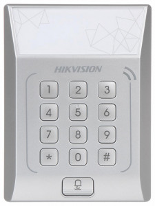 Cititor standalone cu tastatura si card de proximitate Hikvision, DS- K1T801M; suporta cartele MIFARE, Capacitate 3000 cartele, Autentificare: card sau card si parola; Intrari: buton de iesire x1, contact de usa x1; Iesiri: sonerie x1, incuietoare