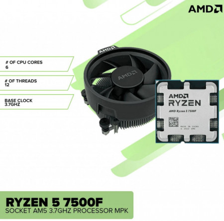 CPU AMD Ryzen 5 7500F, 3.7GHz (5.0GHz), 6C/12T, 32+6MB, 65W, AMD Wraith Stealth cooler, AM5