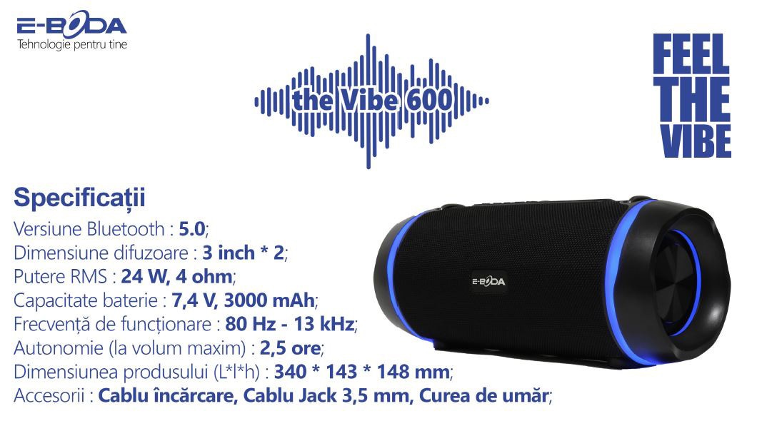 Boxa portabila E-Boda The Vibe 600 - Bluetooth Radio FM USB Aux