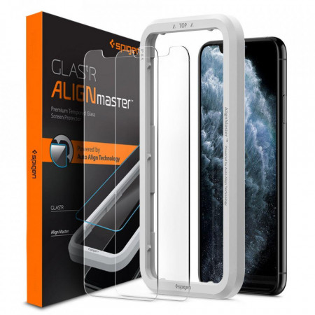 Закален стъклен протектор SPIGEN Align Master TR Slim с рамка за поставяне (сет от 2 бр.) - iPhone 11 прозрачен
