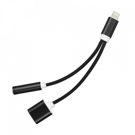 Конектор мини жак 3.5mm HF аудио + Lightning зареждане към Lightning черен