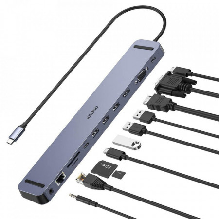 Мултифункционален хъб CHOETECH 11в1 HDMI 4K UHD 60Hz / VGA 1920x1080p 60Hz / Ethernet RJ-45 max 1Gbps / мини жак 3.5mm / четец за SD и micro SD карти / USB Type C / USB Type C 100W PD / 3x USB 3.0 към USB Type C 100W PD (HUB-M20) сив