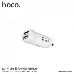 Зарядно за кола Hoco Z2A с два USB порта 2.4A + Micro USB кабел бял