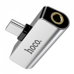 Конектор HOCO мини жак 3.5mm HF аудио + USB Type C зареждане към USB Type C (LS26) сребърен