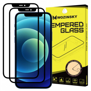 5D стъклен протектор с пълно покритие и рамка WOZINSKY съвместим с гръб (сет от 2 бр.) - iPhone 12 / 12 Pro черен