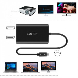 Видео адаптер CHOETECH 2x DisplayPort 4K 60Hz към USB Type C Thunderbolt 3 40Gbps (HUB-D03) черен