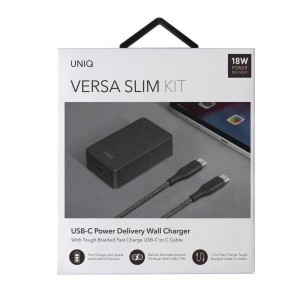 Зарядно за стена UNIQ Versa Slim Type-C Power Delivery 18W + кабел Type-C / Type-C - черен-графит (LITHOS Collective)