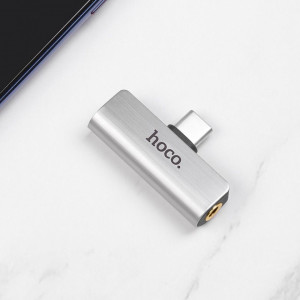 Конектор HOCO мини жак 3.5mm HF аудио + USB Type C зареждане към USB Type C (LS26) сребърен