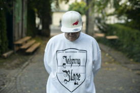 Johnny Blaze Classic Snapback Embroidered Hat - JB Flame  colour Pearl White Red - blur background